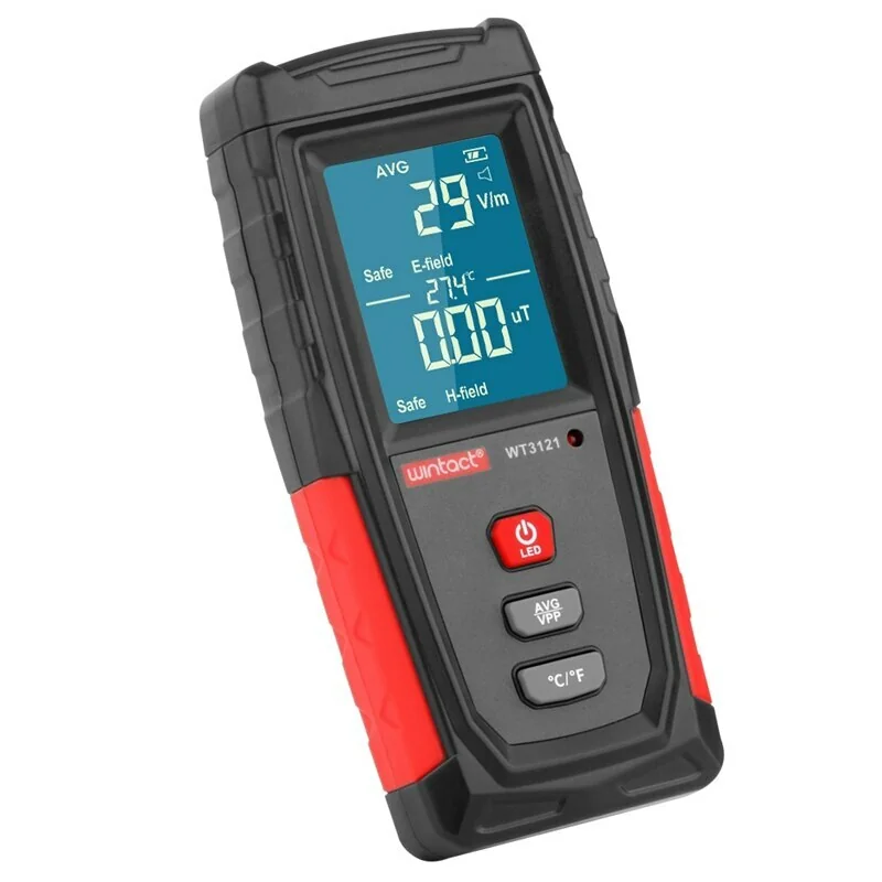 Close-up of ERICKHILL digital EMF meter display showing real-time readings.