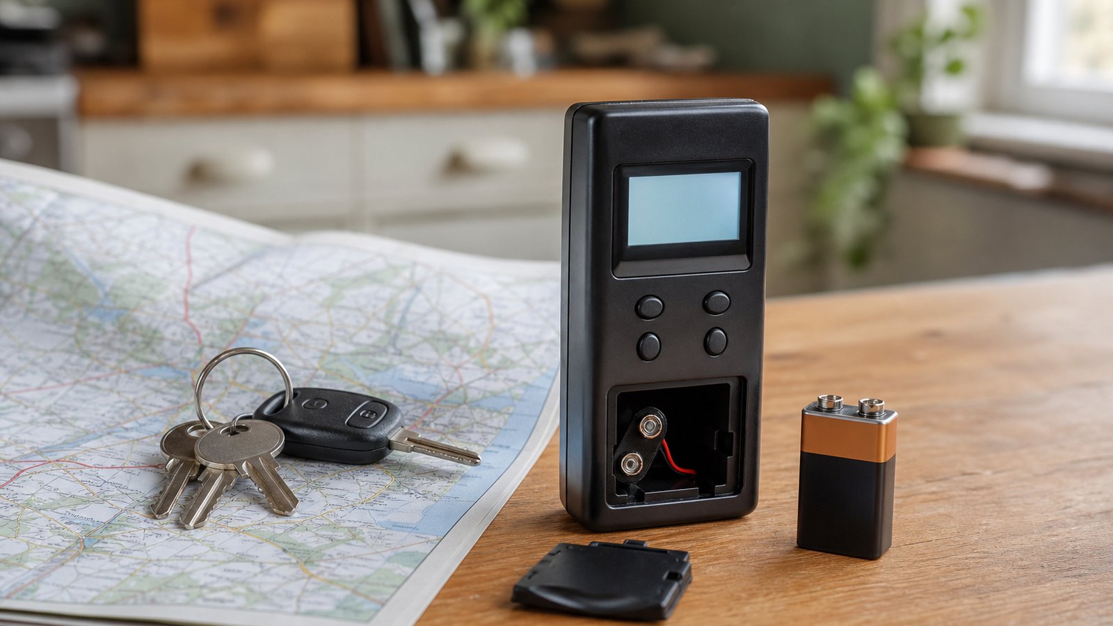 handheld EMF meter with battery prep on a wooden UK table