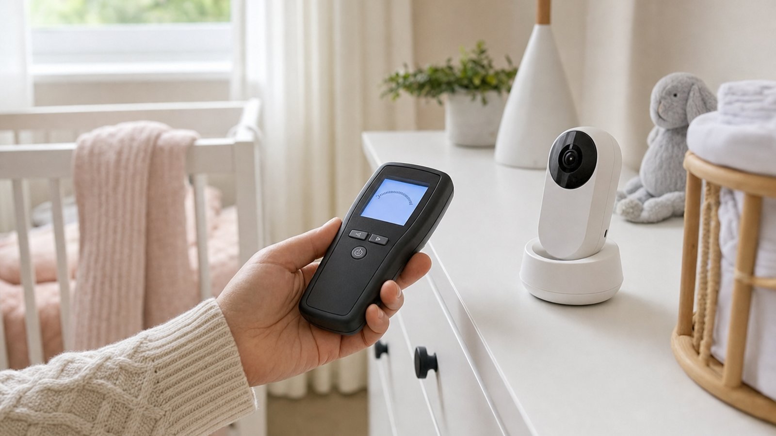 handheld EMF meter near a baby monitor dock in a UK nursery